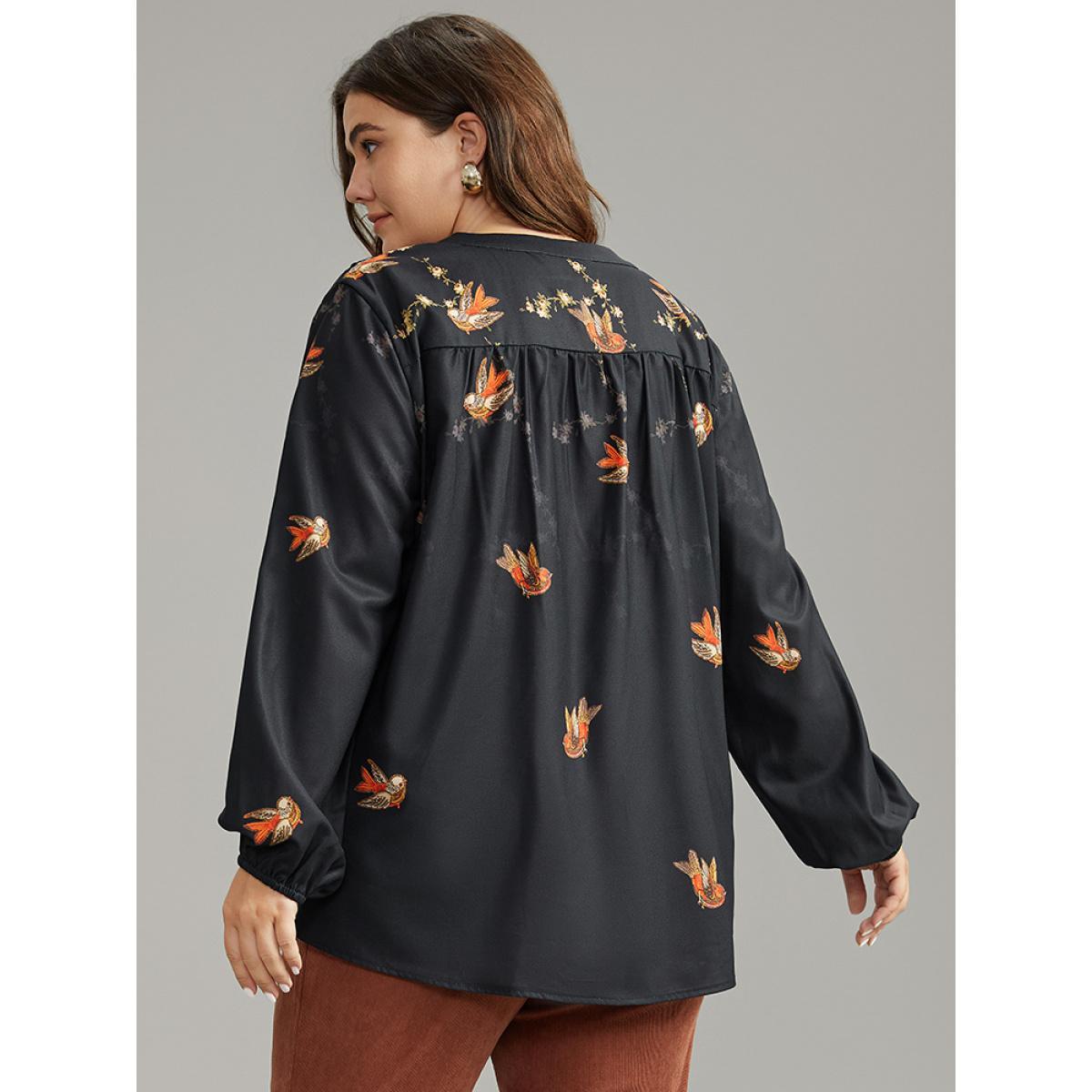 Plus Size Black Boho Print Ties Lantern Sleeve Blouse Women Elegant Long Sleeve Tie Neck Dailywear Blouses BloomChic 28/5X Product Image