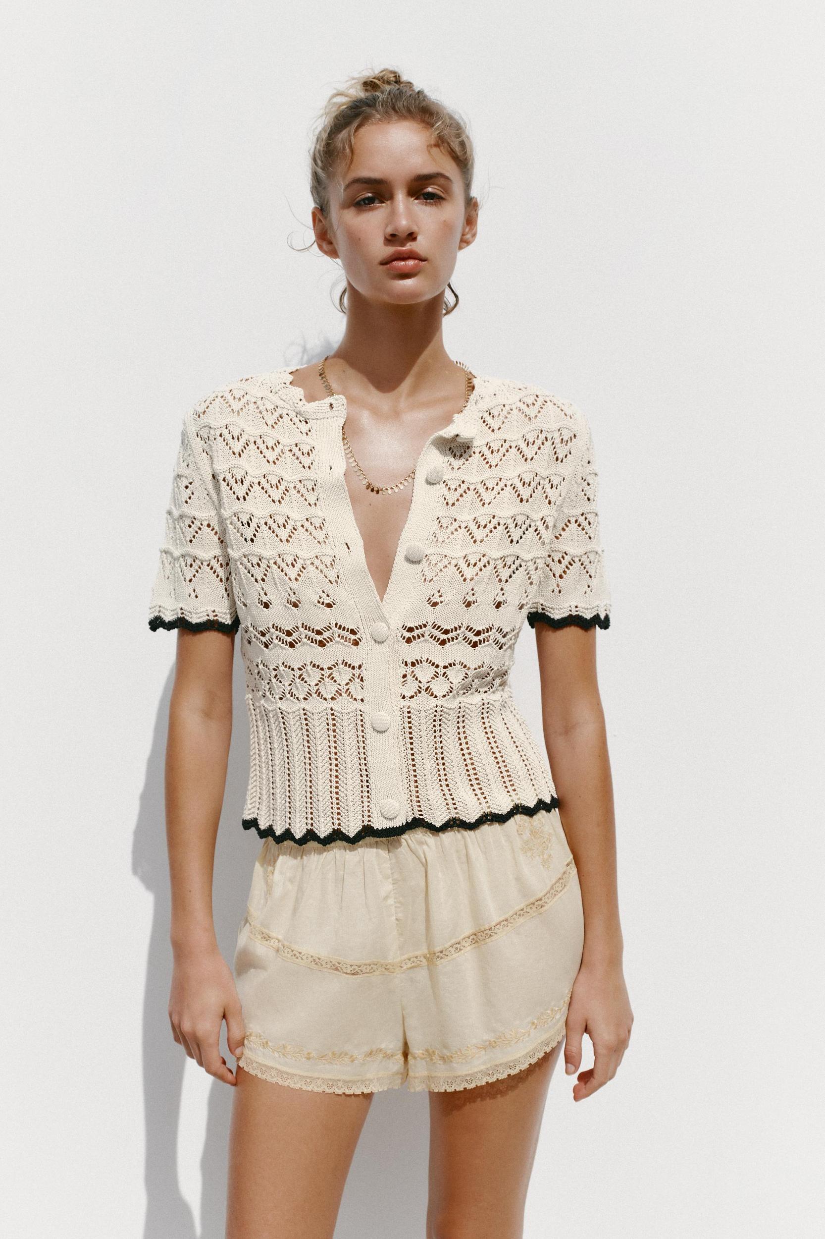 POINTELLE KNIT SHORT SLEEVE CARDIGAN Product Image