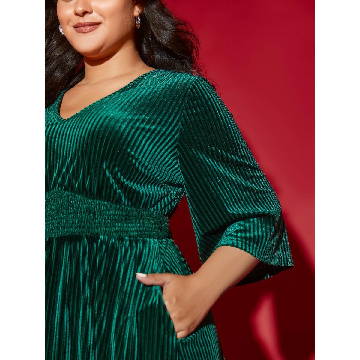 Plus Size Velvet V-neck Ruched Skirt Midi Dress Cyan Women Cocktail Texture Party Curvy Bloomchic 10/M Product Image