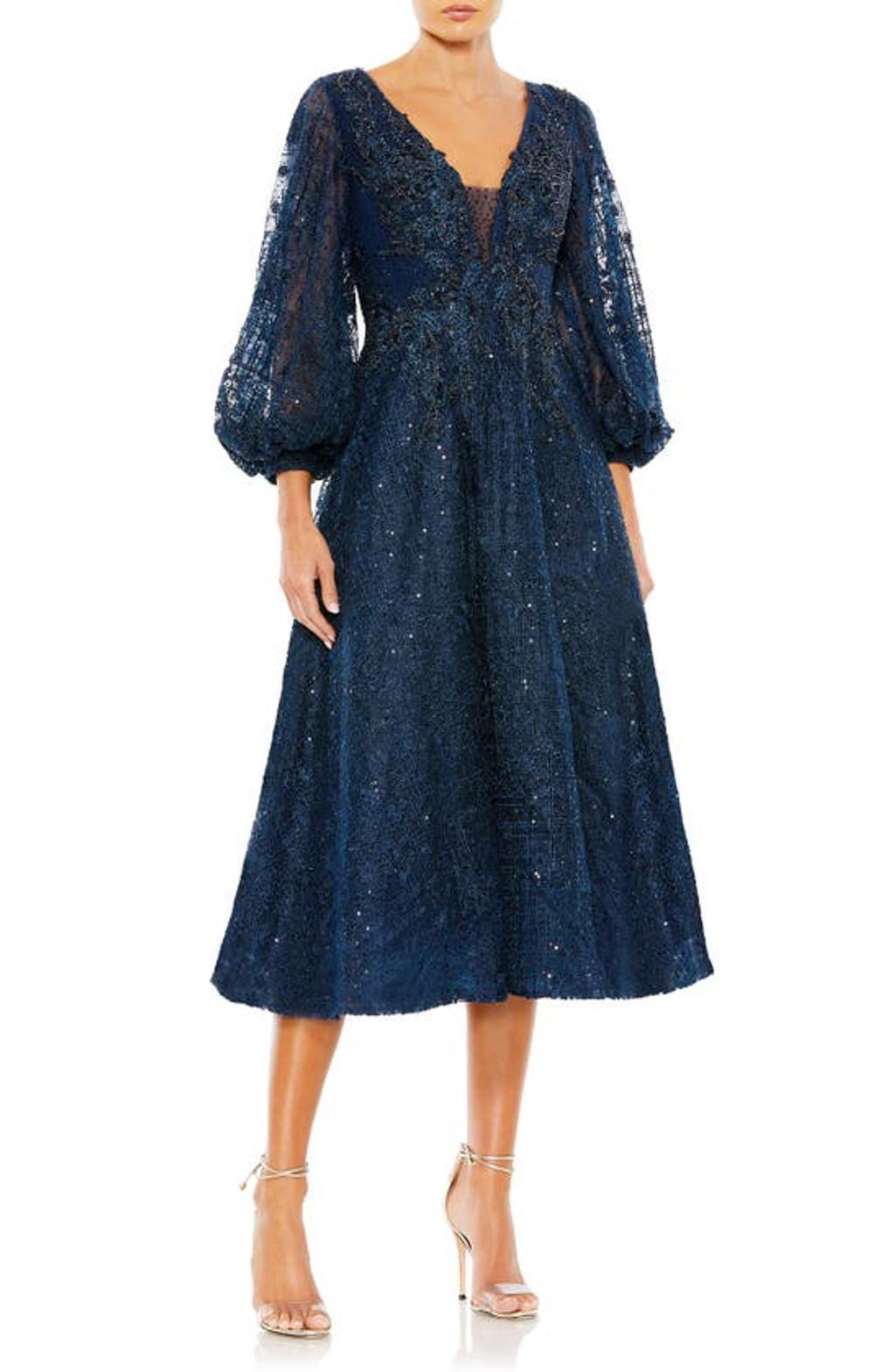 Womens Embellished Plunge-Neck Bishop-Sleeve Midi-Dress Product Image