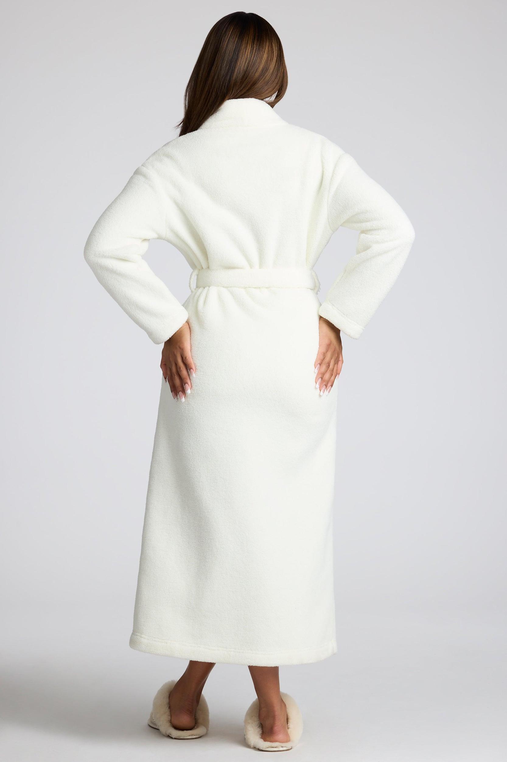 Tie Front Fleece Robe in White Product Image