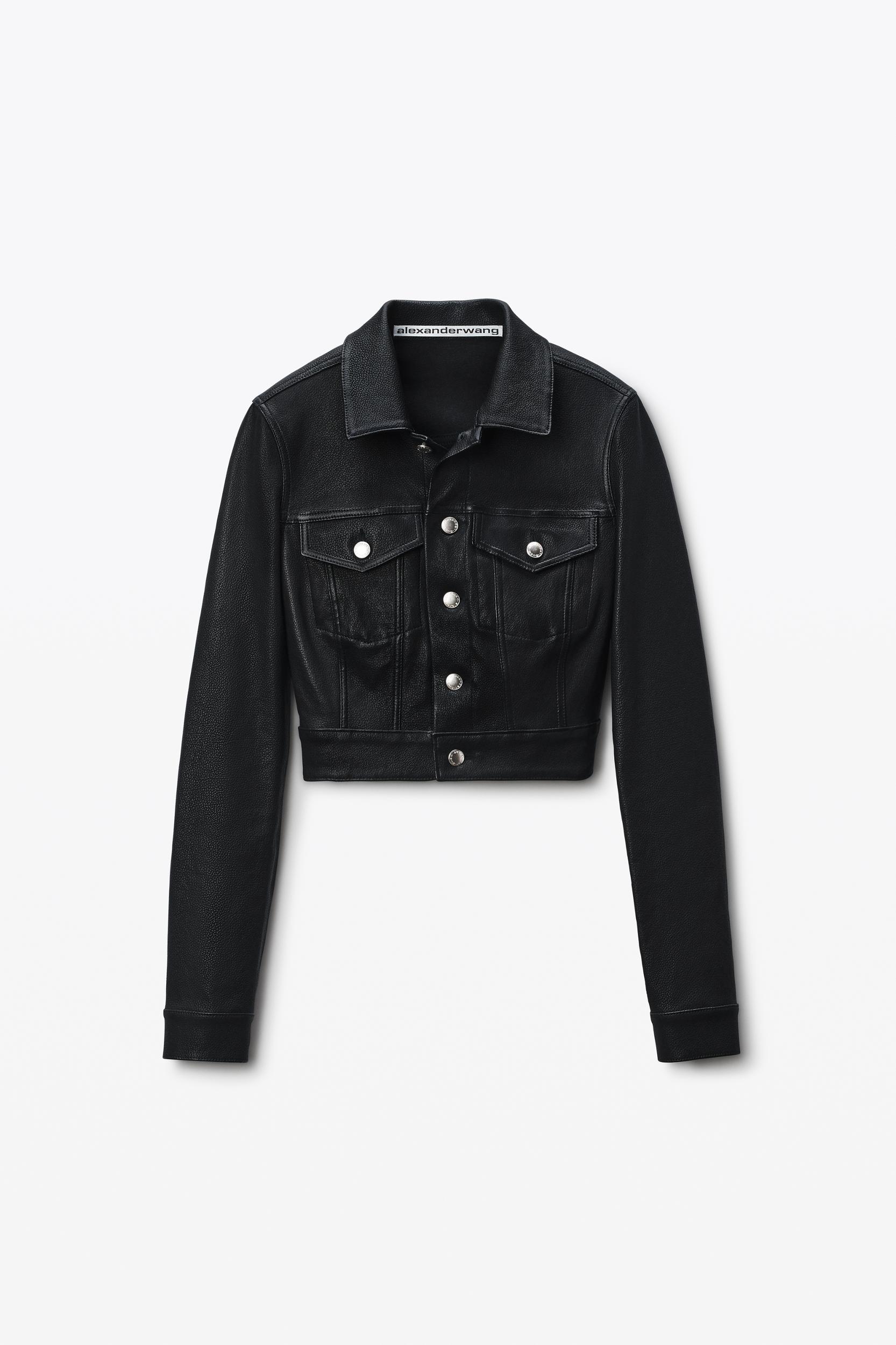 Black Shrunken Leather Trucker Jacket Product Image