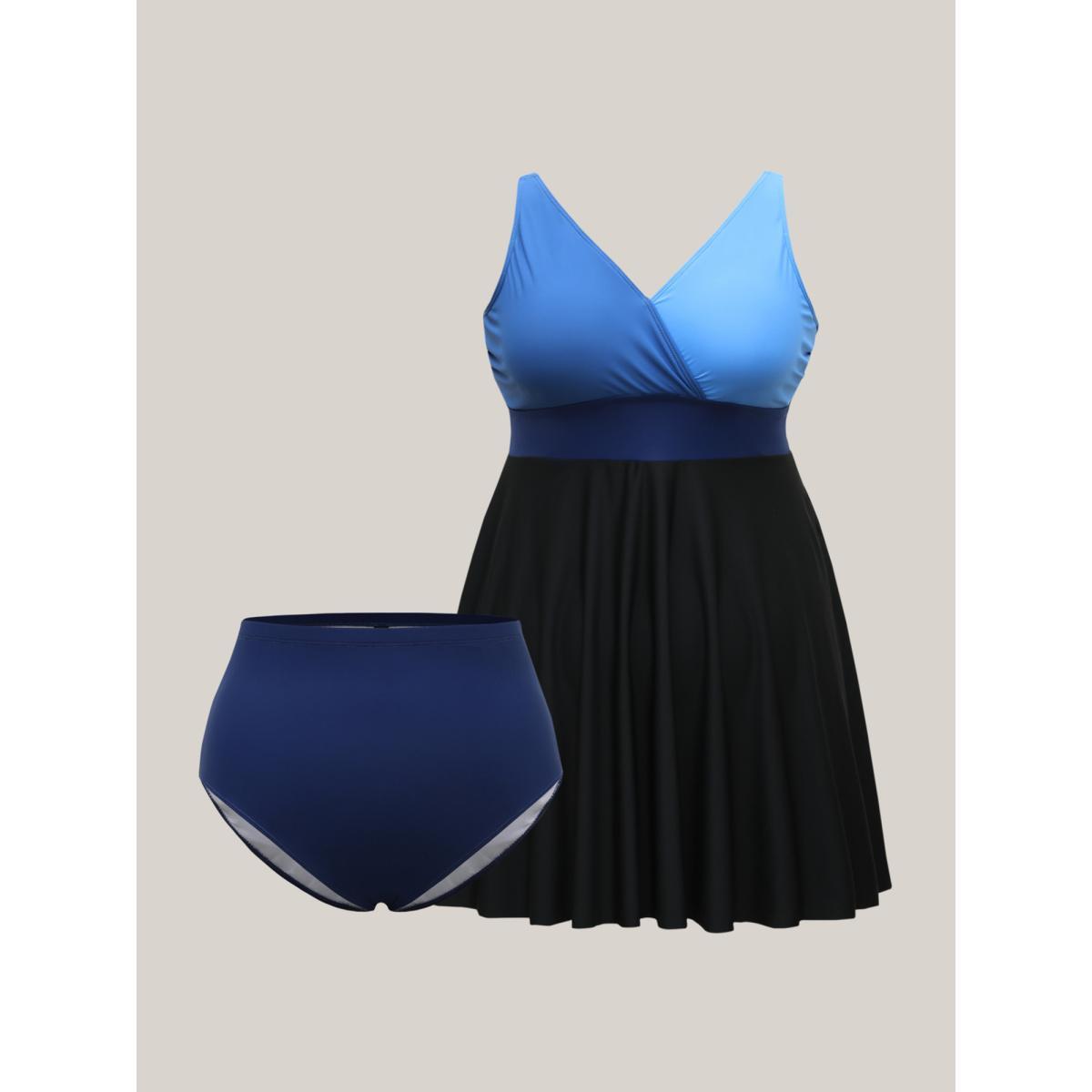 Plus Size Color-Block Surplice Neck Adjustable Swim Dress Women's Swimwear Mediumblue Beach Bodycon Overlap Collar High stretch Curve Swim Dresses BloomChic 14-16/1X Product Image