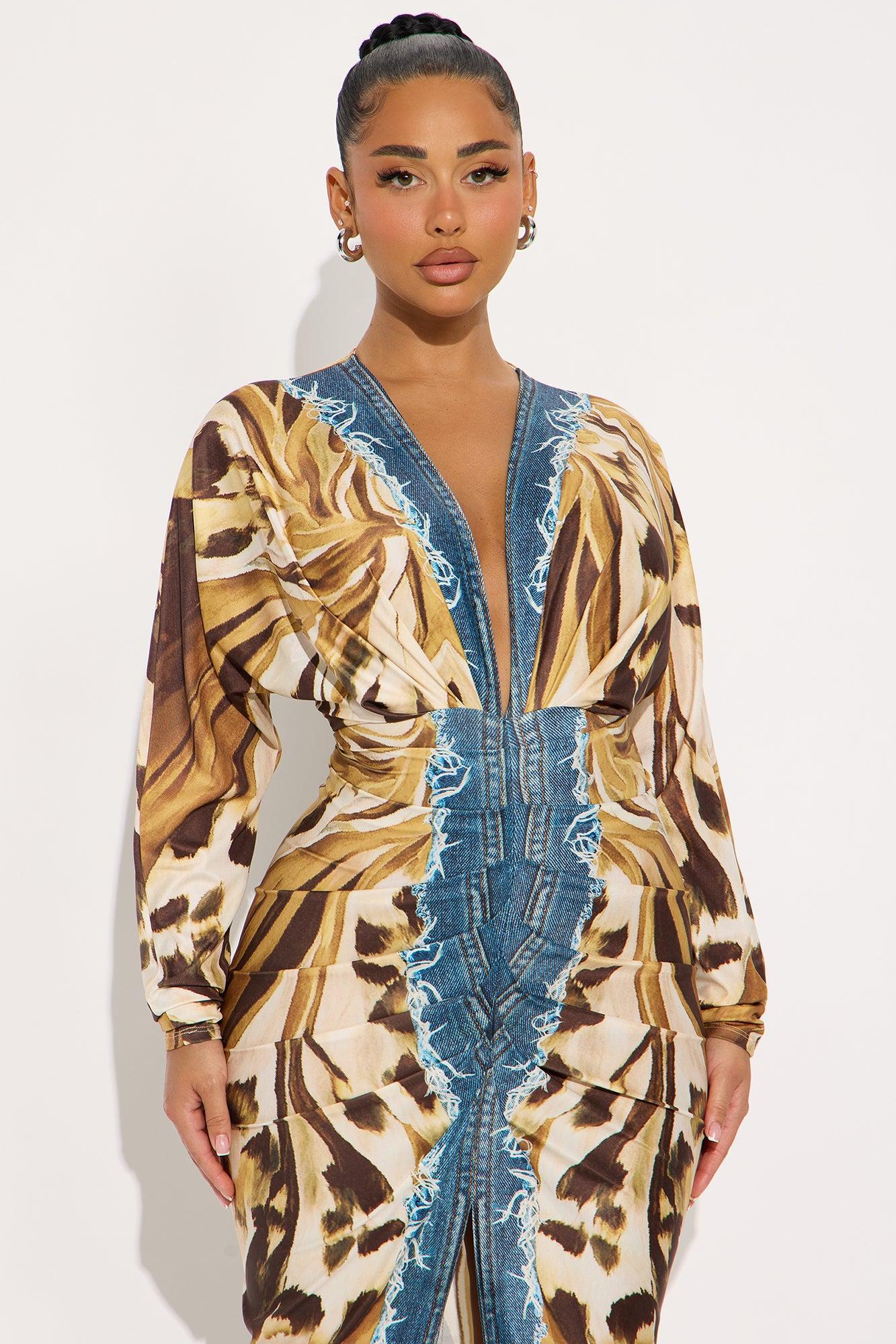 Lila Long Sleeve Midi Dress - Brown/combo Female Product Image