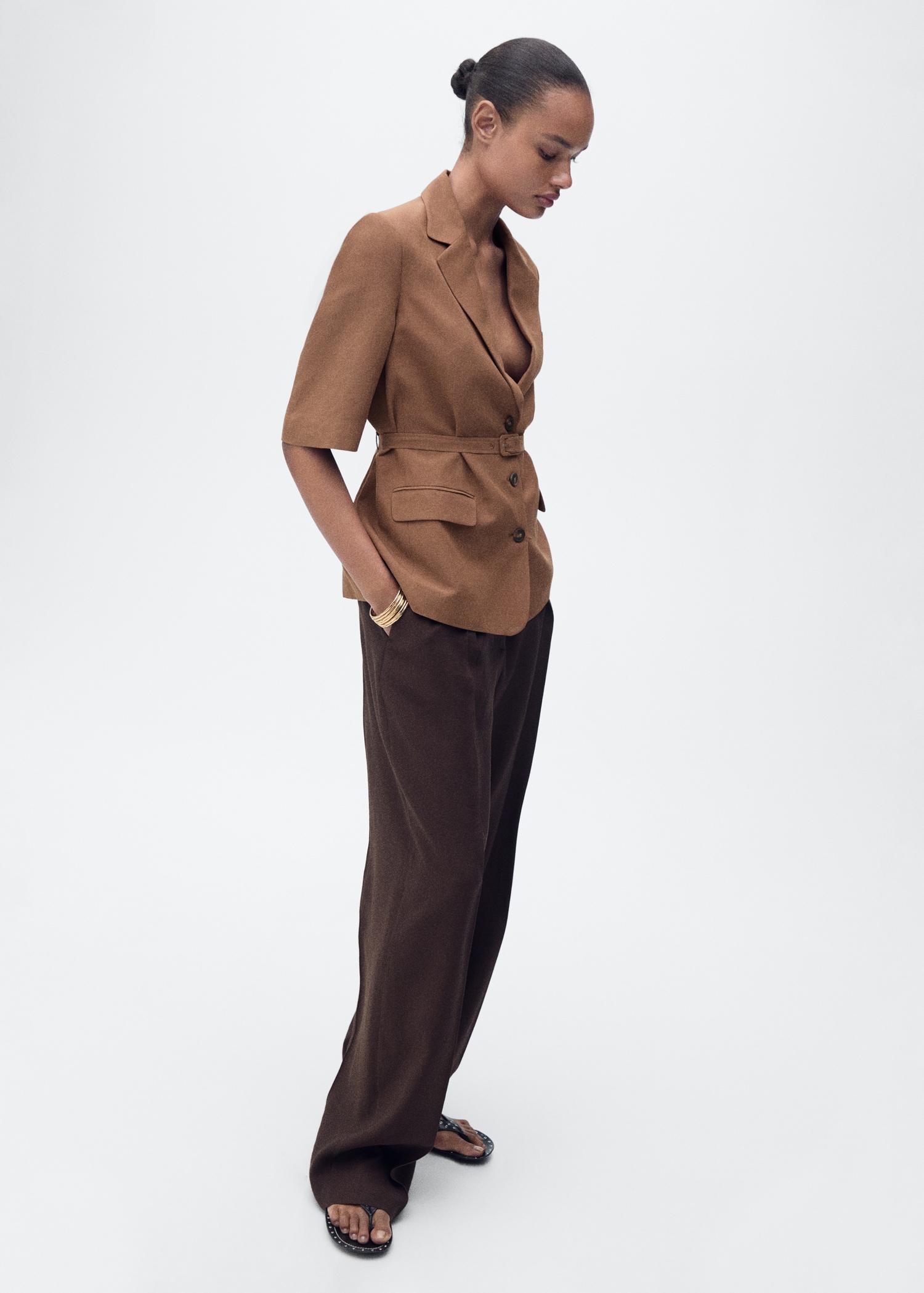 Linen-blend suit blazer with belt - Women | MANGO USA Product Image