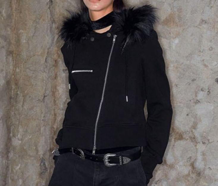 Long Sleeve Plain Furry-Trim Zip-Up Jacket Product Image