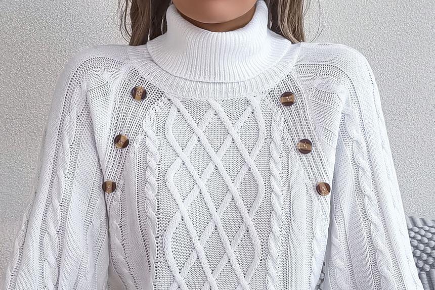 Turtleneck Plain Button Accent Cable Knit Sweater Product Image