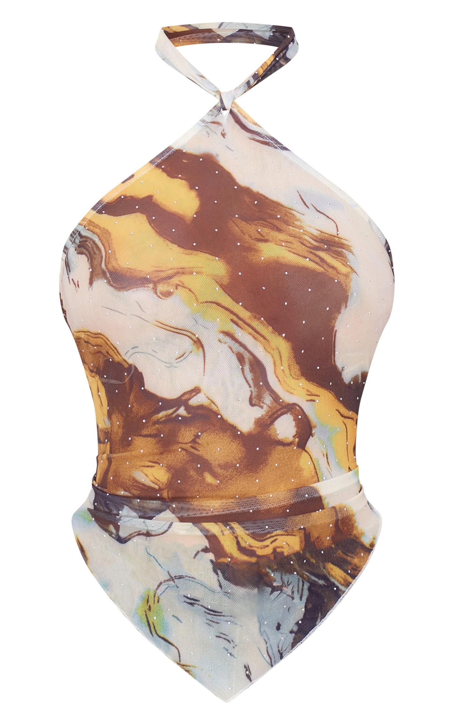 Brown Diamante Mesh Tie Back Handkerchief Top Product Image