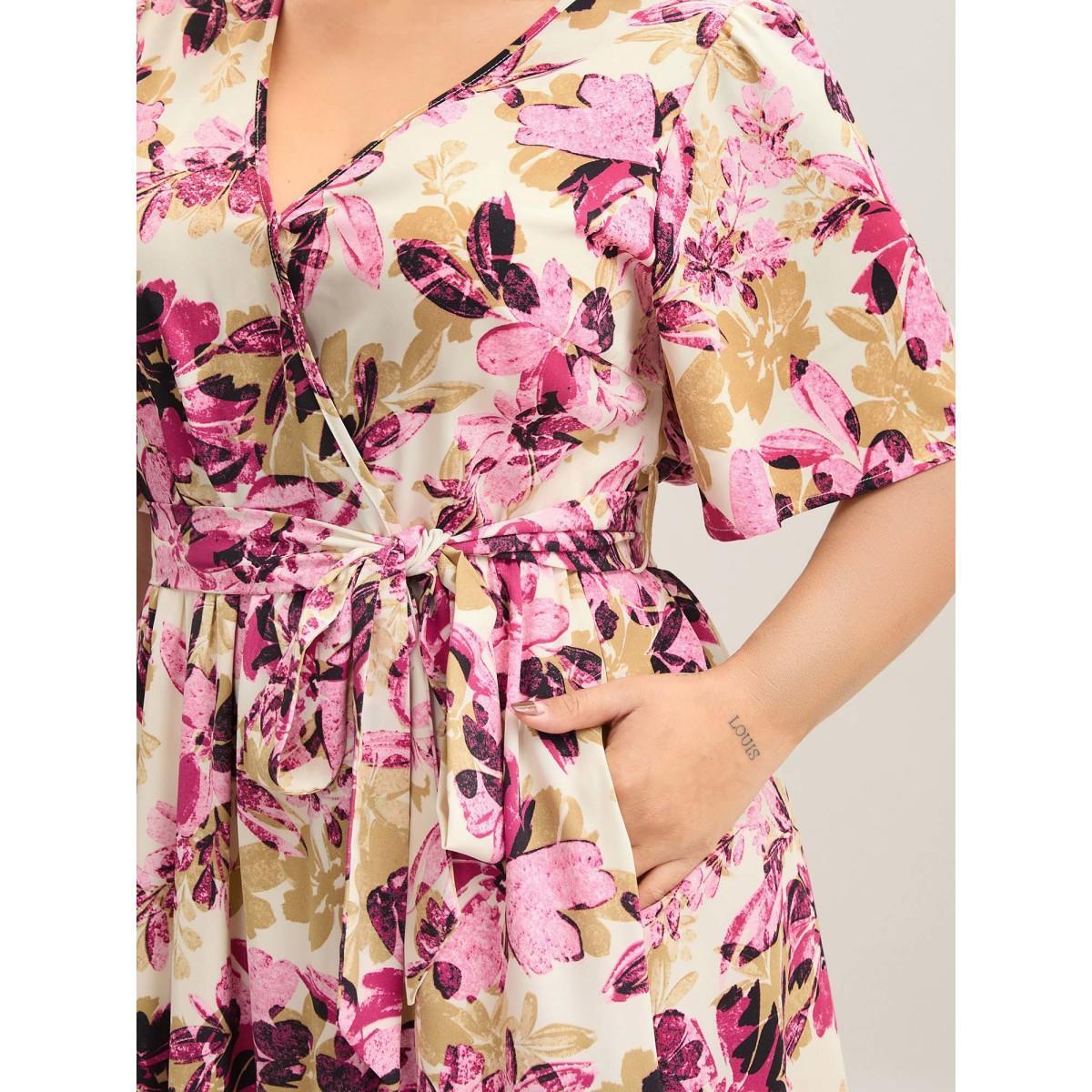 Plus Size Floral Pattern Pockets Surplice Midi Dress Rosered Women Overlap Collar Half Sleeve Curvy BloomChic 30/6X Product Image