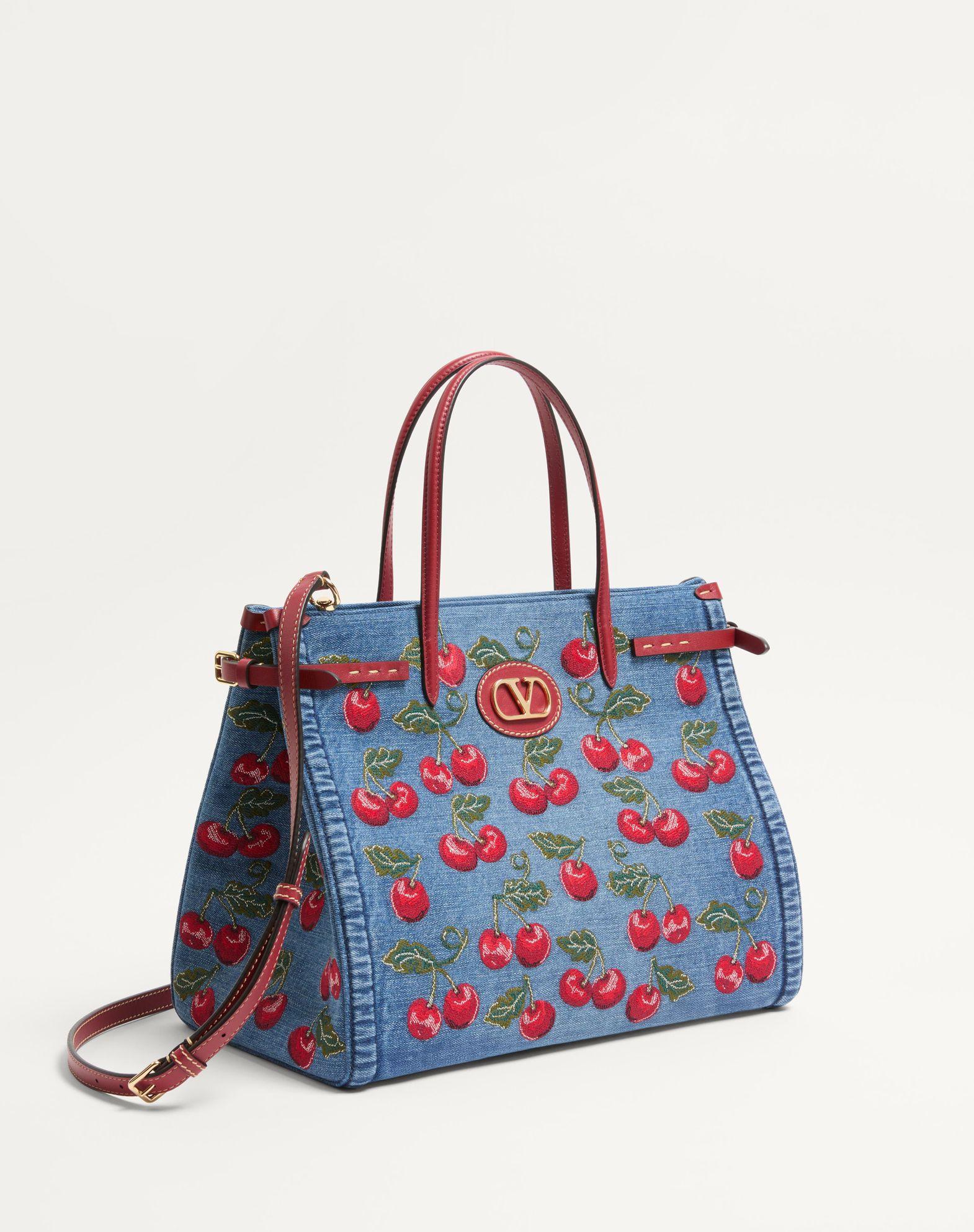 Valentino Garavani Antibes Medium Shopping Bag In Denim With Cherryfic Embroidery Product Image