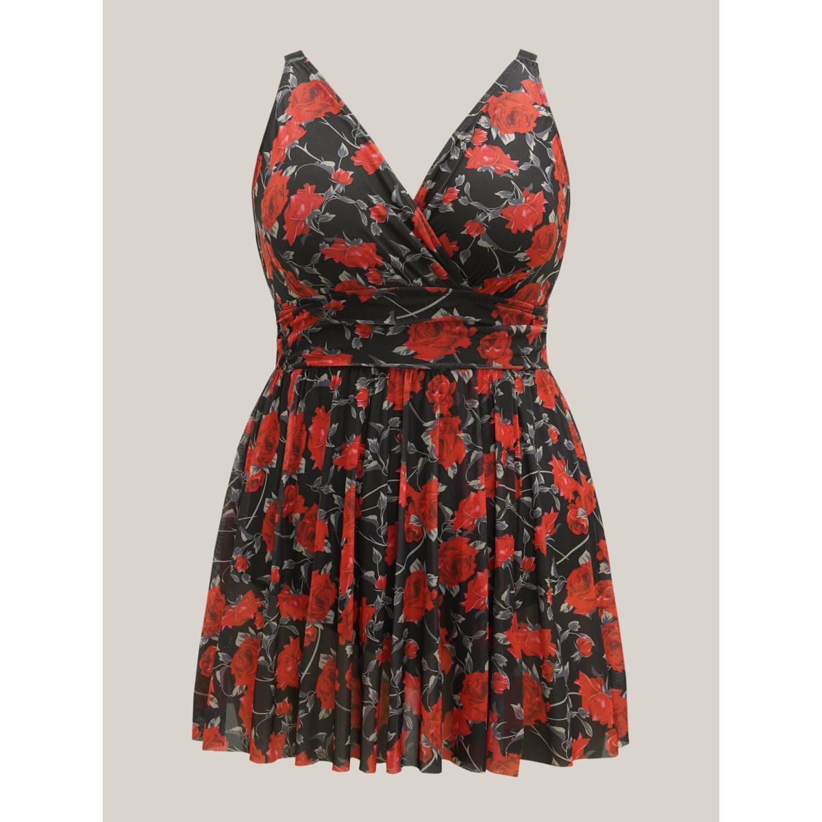 Plus Size Midnight Roses Sheer Pleated Swim Dress Women's Swimwear Black Beach Bodycon Overlap Collar High stretch Curve Swim Dresses BloomChic 22-24/3X Product Image