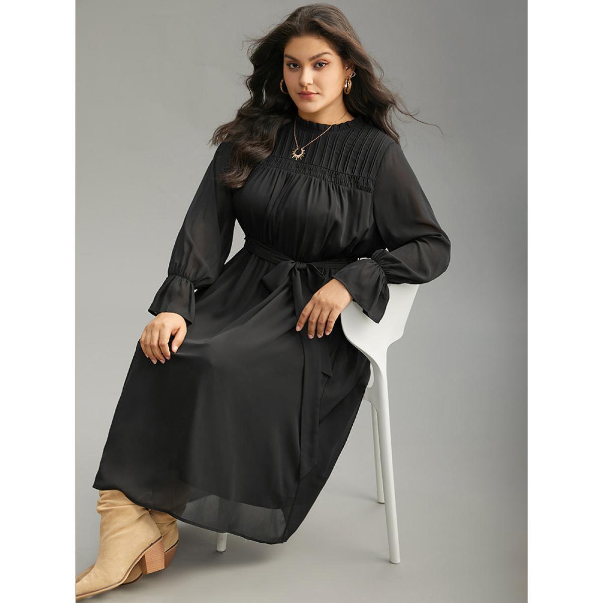 Plus Size Plain Pleated Stand Collar Shirred Ruffles Dress Black Women Office Plain Stand-up collar Long Sleeve Curvy Midi Dress BloomChic 18-20/2X Product Image