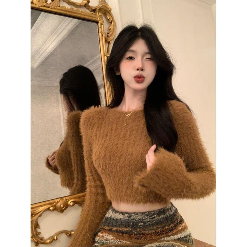 Long-Sleeve Crew Neck Plain Fluffy Crop Knit Top / High Rise Color Block Midi Pencil Skirt Product Image
