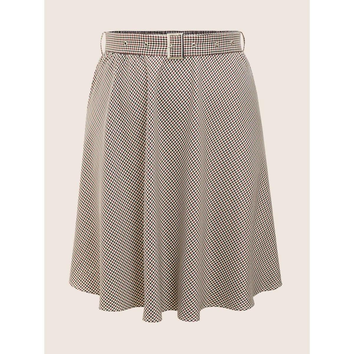 Plus Size Gingham Buckle Detail Pocket Belted Skirt Women LightBrown At the Office Non No stretch Slanted pocket Belt Work Skirts BloomChic 26/4X Product Image