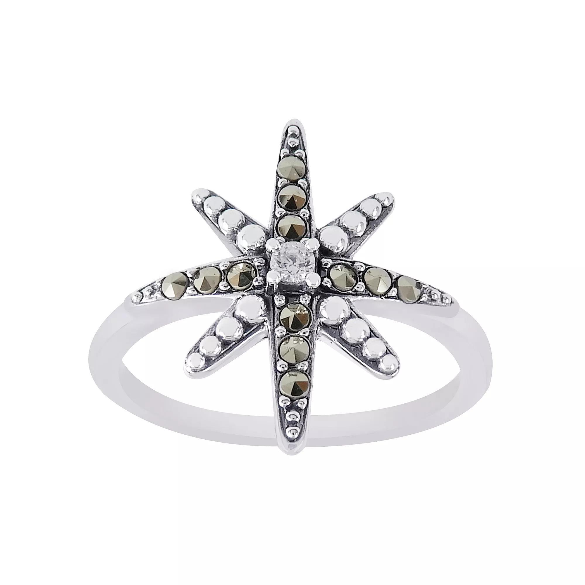 Lavish by TJM Sterling Silver Marcasite & Cubic Zirconia Star Burst Slim Ring, Women's, Size: 8 Product Image