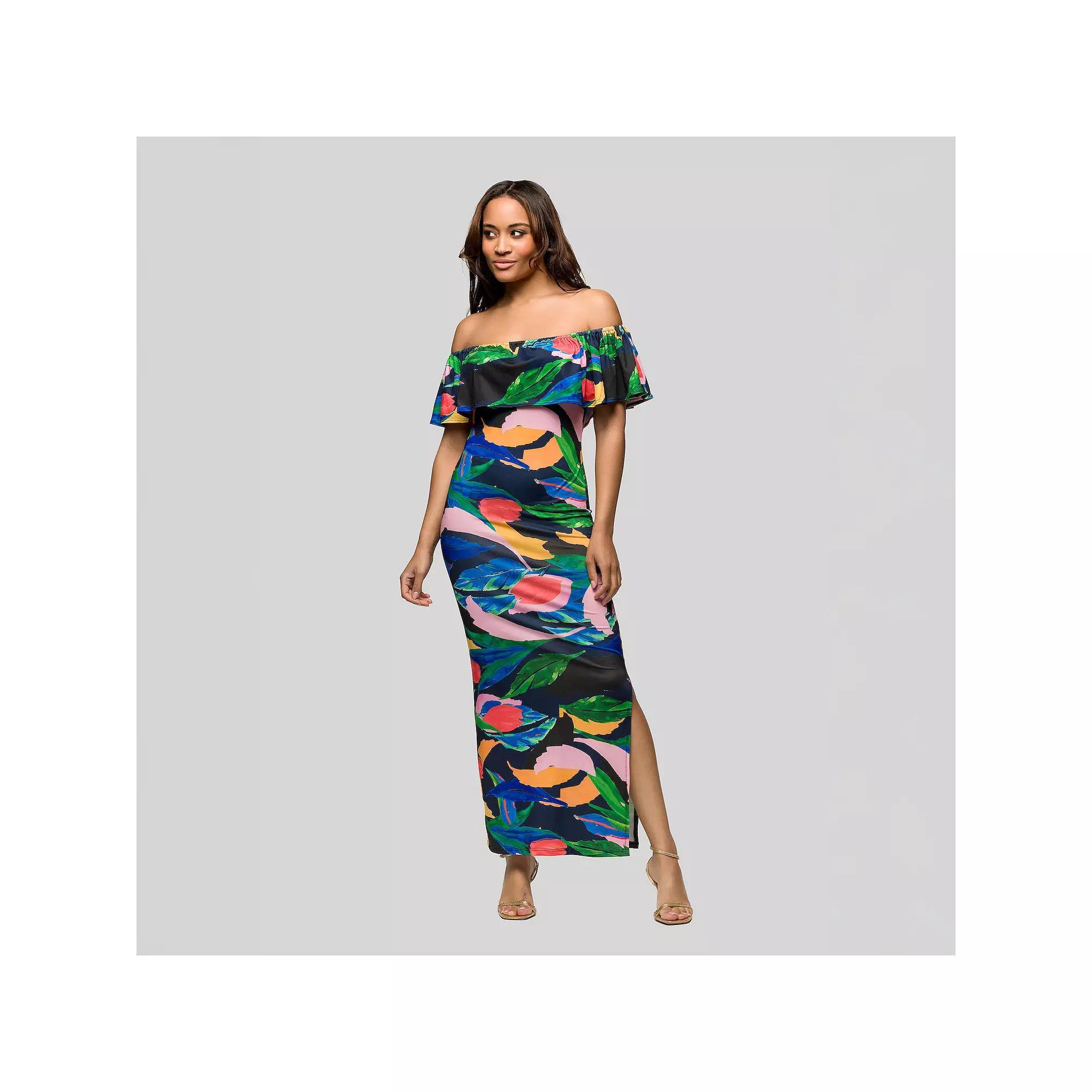 Women's 24Seven Comfort Apparel Off-Shoulder Side Slit Maxi Dress, Size: Large, Green Team Product Image