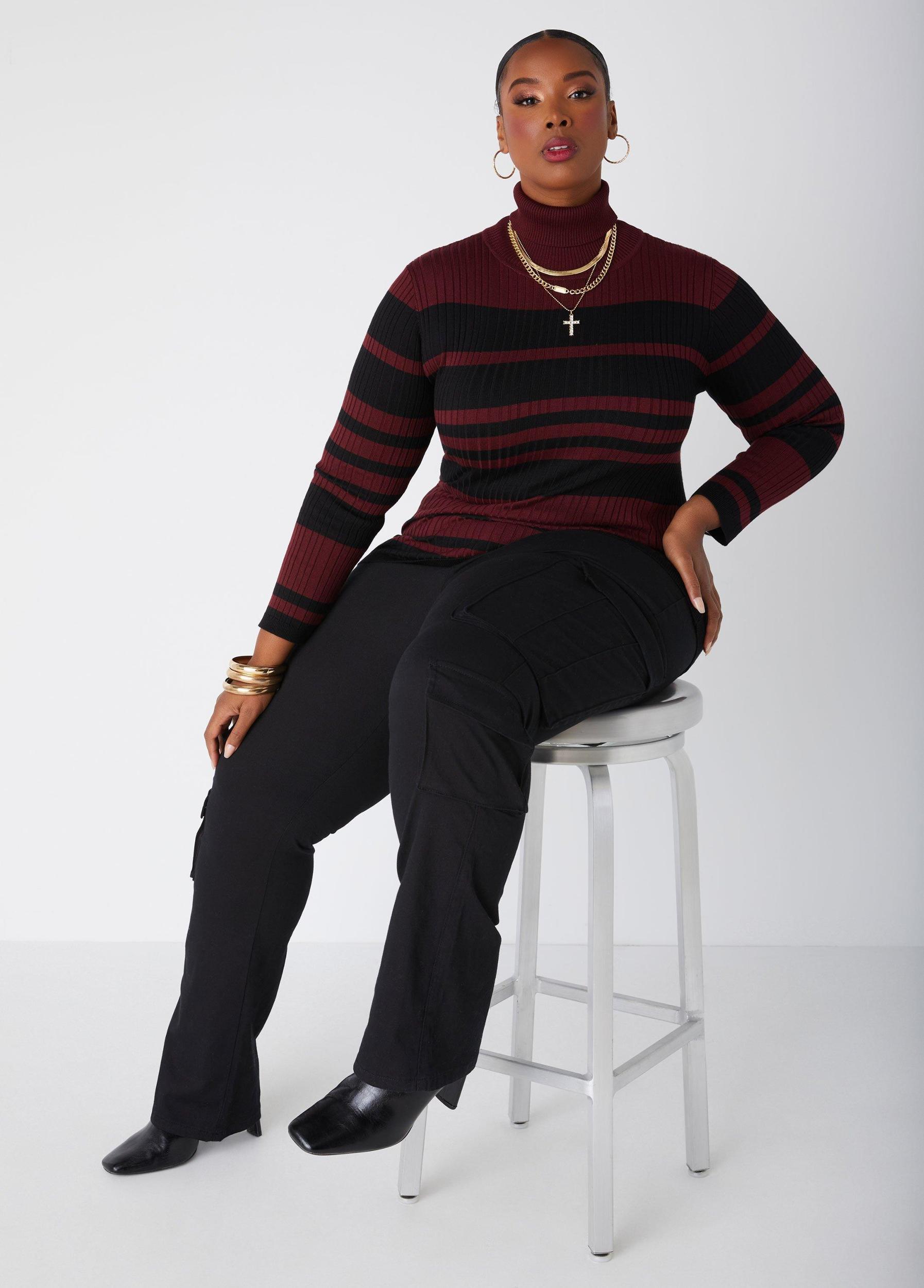Striped Ribbed Turtleneck Sweater Product Image
