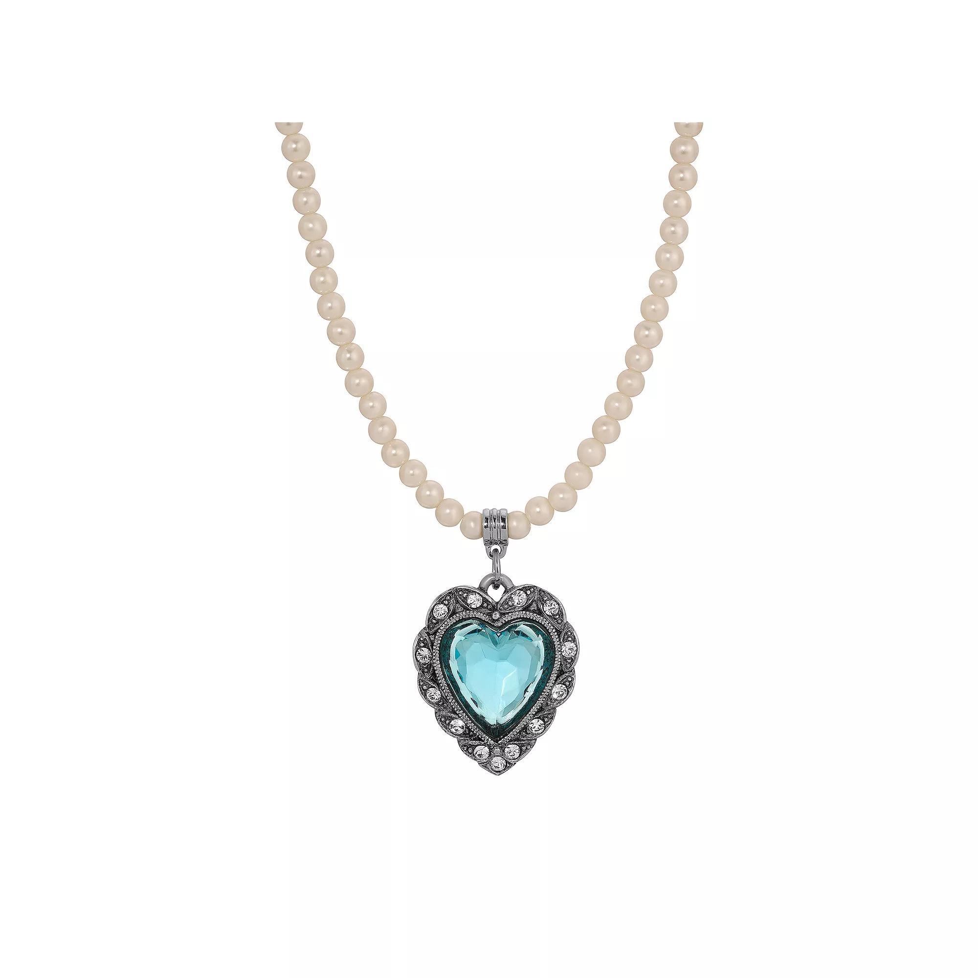 1928 Gold Tone Crystal Heart Necklace, Womens, Blue Product Image