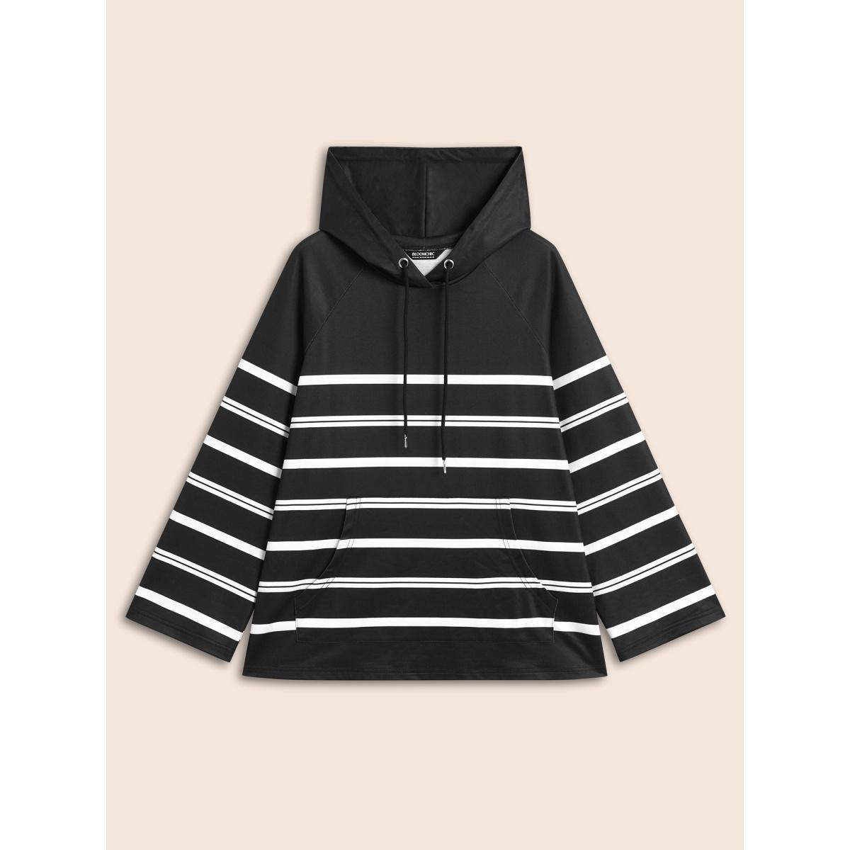 Plus Size Striped Hooded Drawstring Raglan Sleeve Sweatshirt Women Black Casual Eyelet Loose Hooded Everyday Sweatshirts BloomChic 26/4X Product Image