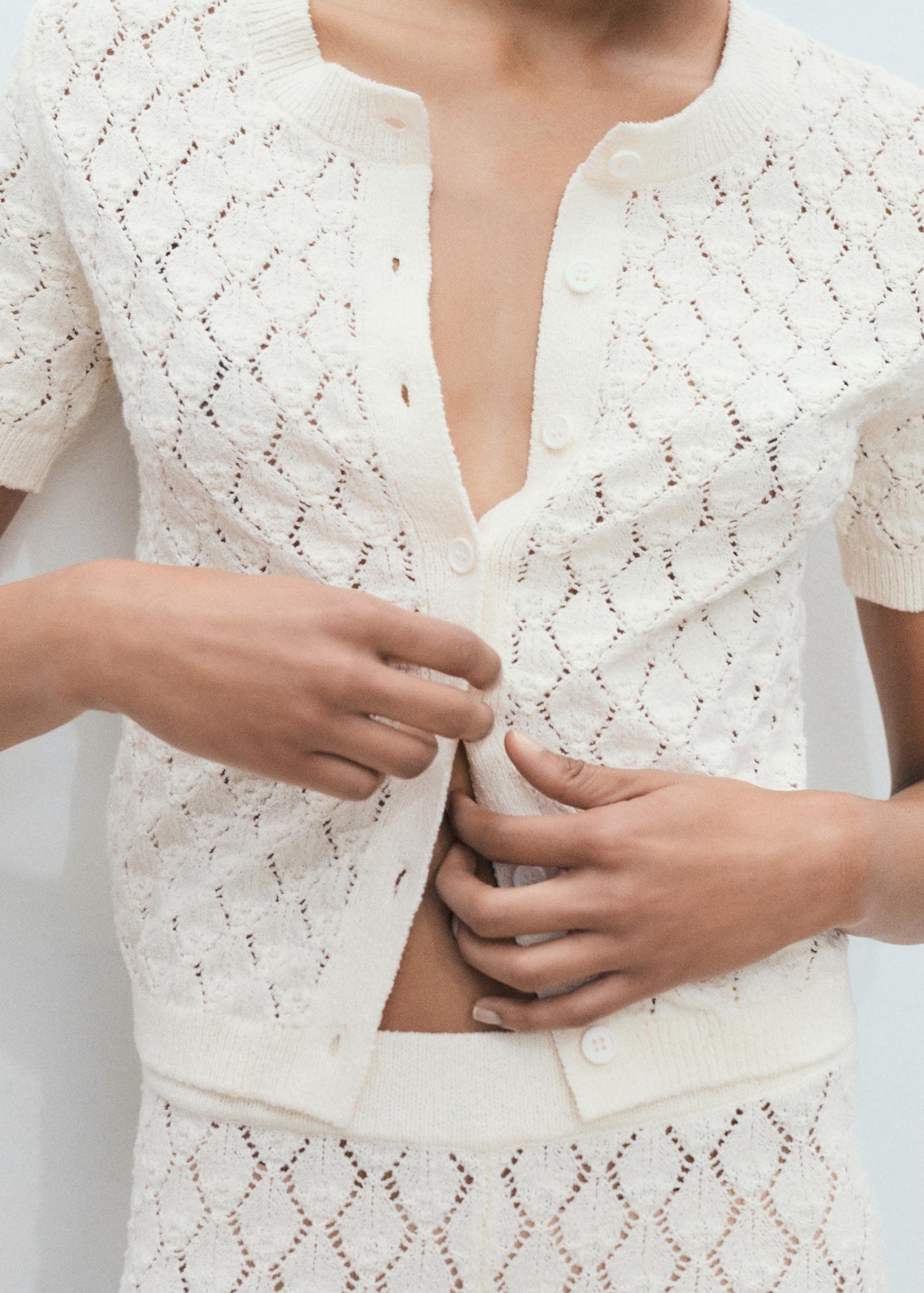 Short-sleeved openwork knitted cardigan - Women | MANGO USA Product Image
