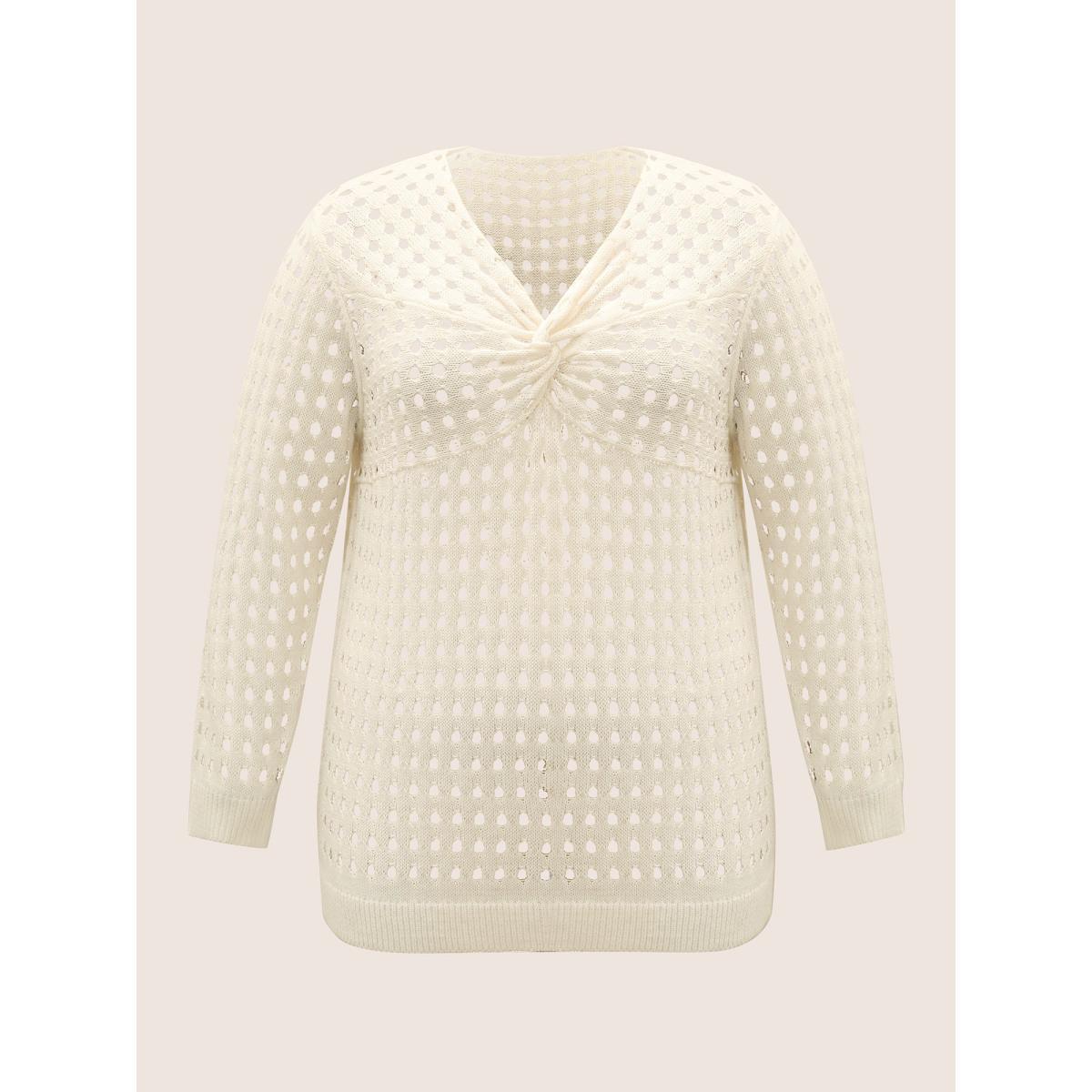 Plus Size Twist Front Pointelle Knit Split Hem Pullover Ivory Women Casual Long Sleeve Deep V-neck Everyday Pullovers BloomChic 12/L Product Image