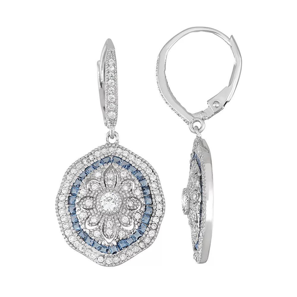 Sterling Silver Cubic Zirconia Flower Drop Earrings, Women's, Blue Product Image