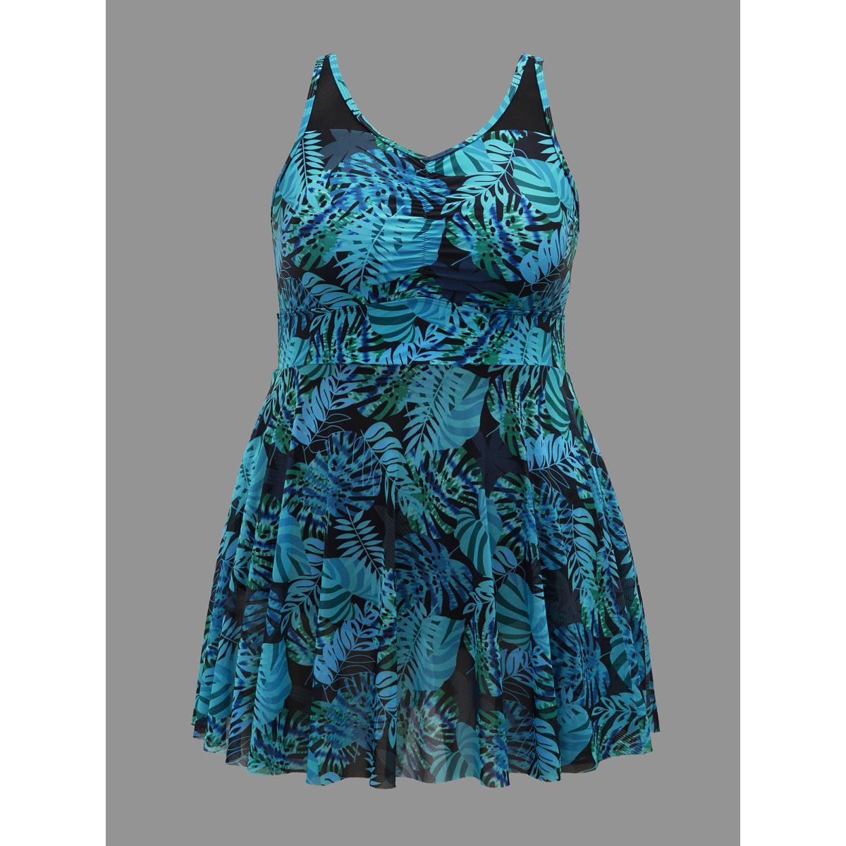 Plus Size Tropical Print Patchwork Mesh Side Slit Swim Dress Women's Swimwear Turquoise Beach Bodycon Heart neckline High stretch Curve Swim Dresses BloomChic 18-20/2X Product Image