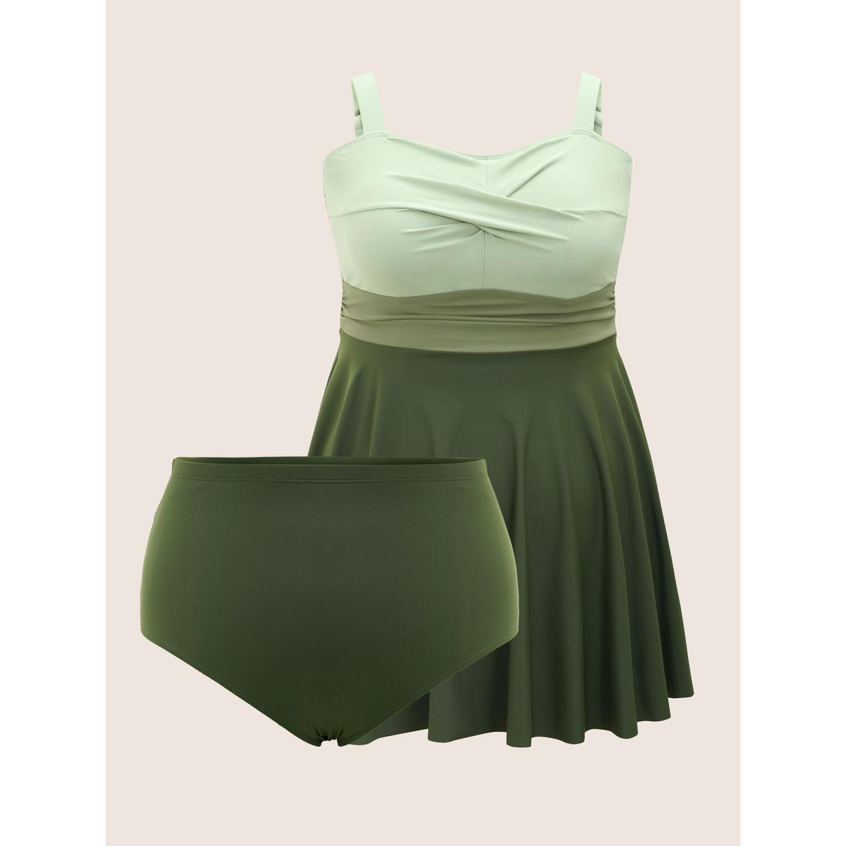 Plus Size Twist Front Patchwork Adjustable Straps Swim Dress Women's Swimwear ArmyGreen Beach Bodycon Heart neckline High stretch Curve Swim Dresses BloomChic 14-16/1X Product Image