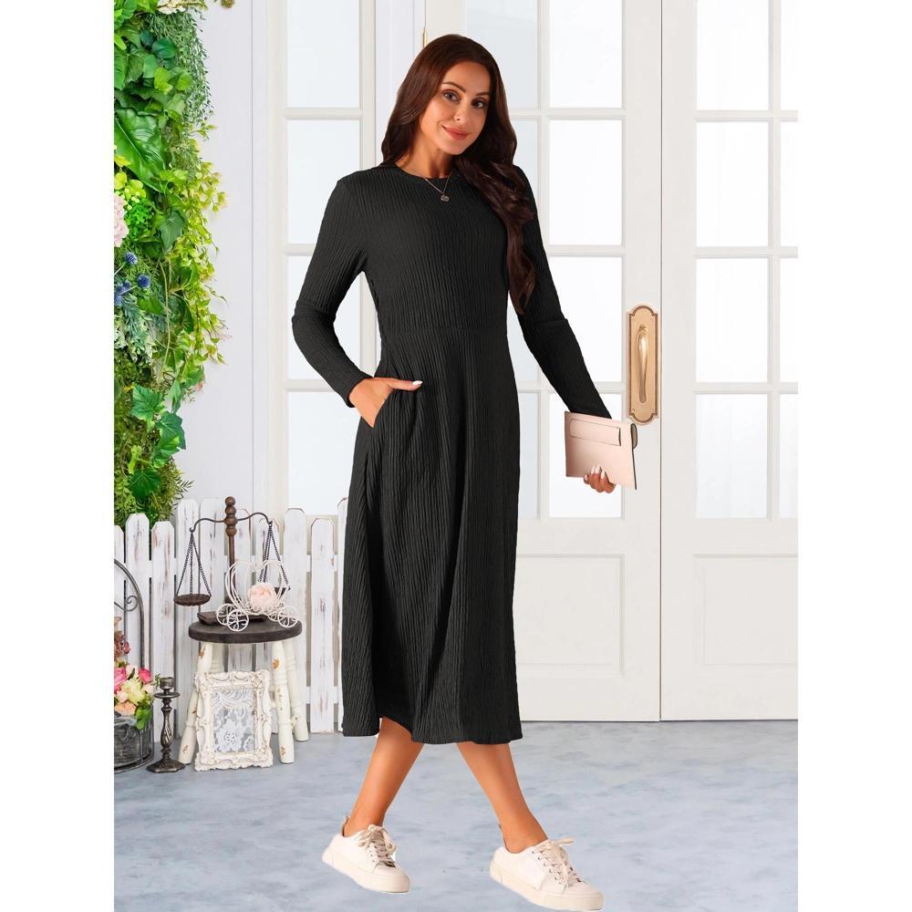 Seta T Women's Long Sleeve Round Neck Casual Knit A-Line Midi Dress Black Large Product Image