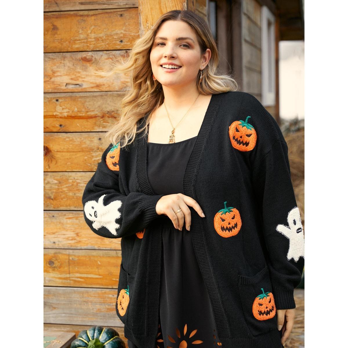 Plus Size Pumpkin Ghost Embroidery Open Cardigan Black Women Casual Loose Long Sleeve Everyday Cardigans BloomChic 22-24/3X Product Image