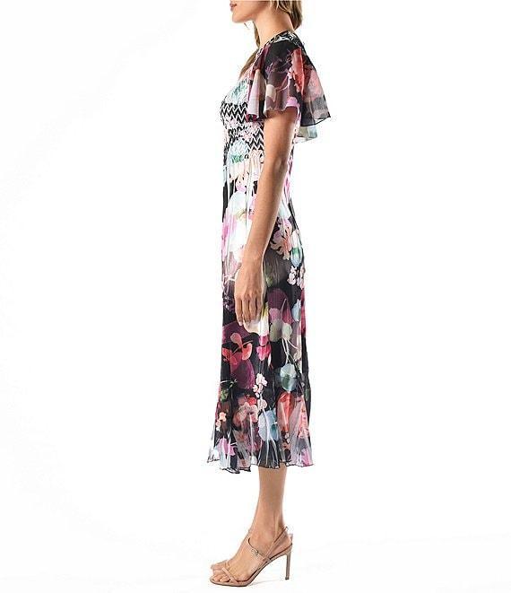 Komarov Charmeuse Lace V-Neck Short Flutter Sleeve Floral Print Fit & Flare Dress Product Image