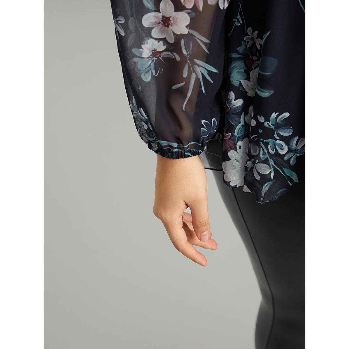 Plus Size Indigo Floral Print Elastic Waist Mesh Wrap Gathered Blouse Women Elegant Long Sleeve V-neck Dailywear Blouses BloomChic 26/4X Product Image
