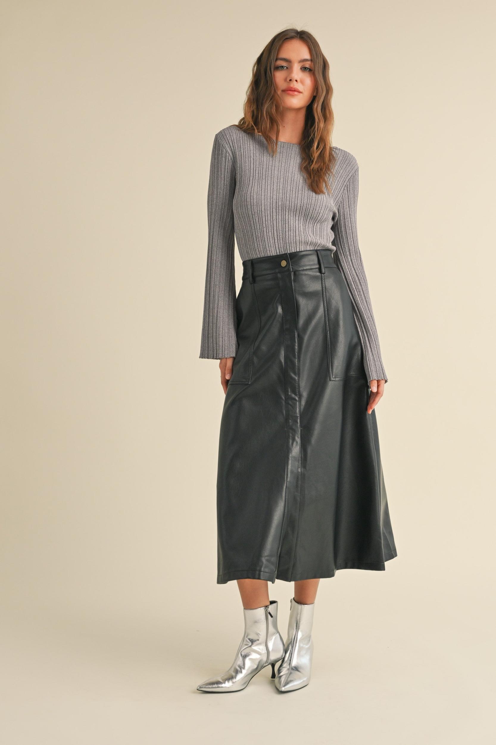 Front Slit A line Maxi Pleather Skirt Product Image