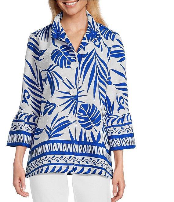 Multiples Bark Cloth Border Print Wire Collar 3/4 Sleeve Fitted Button Front Top Product Image
