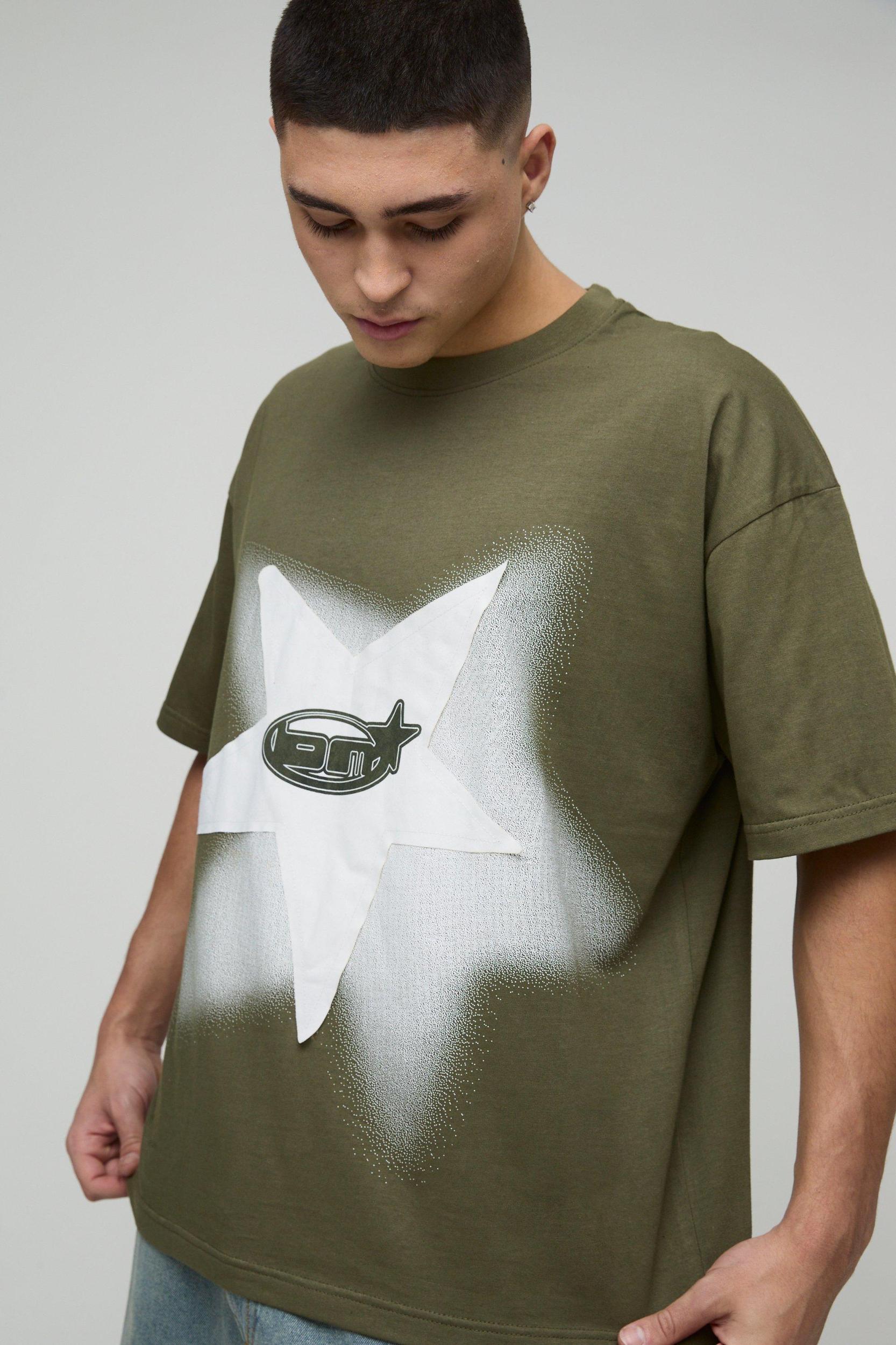 Oversized Extended Neck Star Applique Graphic T-Shirt | boohooMAN USA Product Image