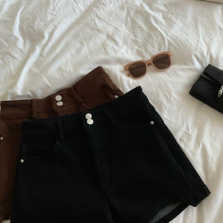 High Waist Plain Asymmetrical Denim Hot Pants Product Image