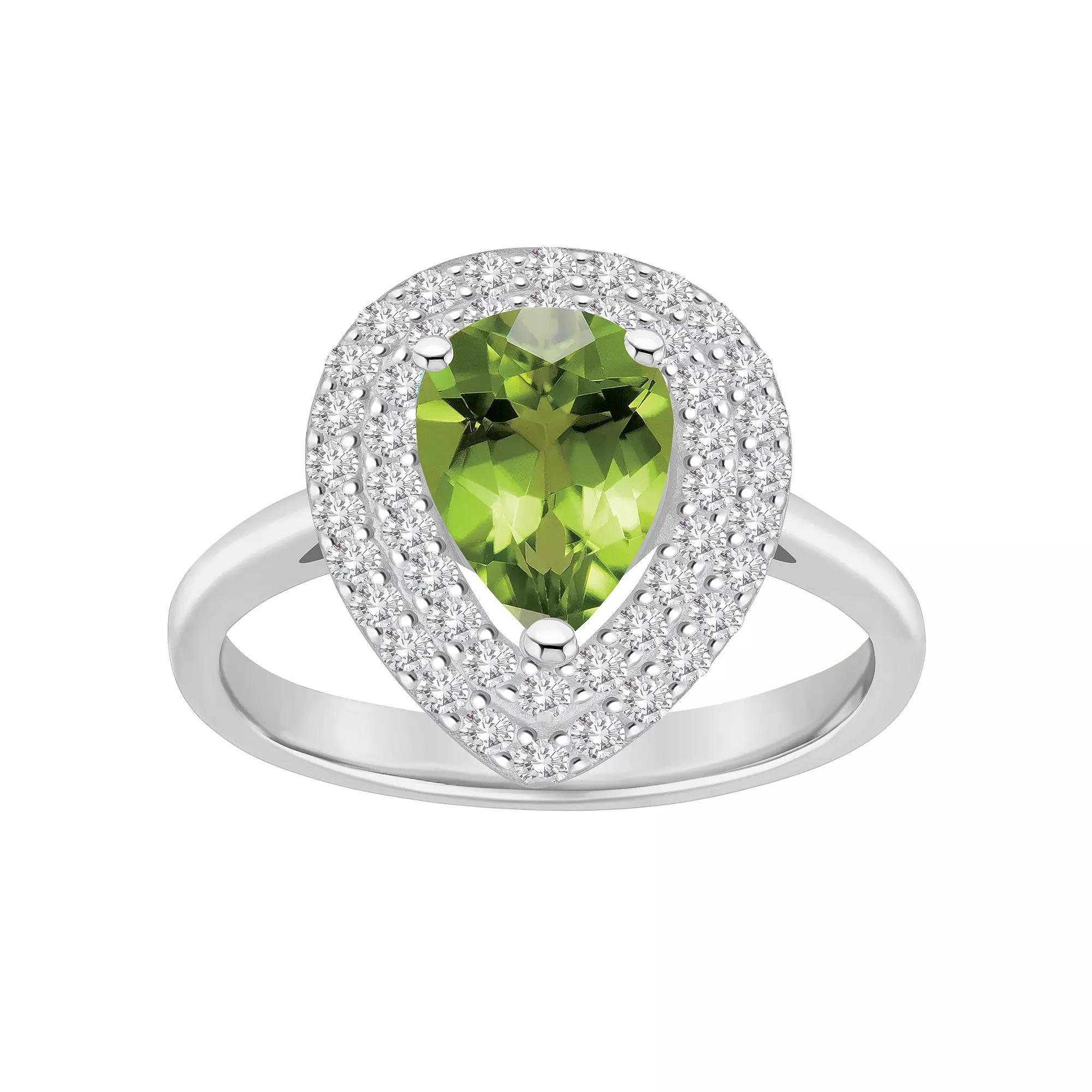 Celebration Gems Sterling Silver Teardrop Peridot & White Topaz Double Halo Ring, Women's, Size: 9 Product Image