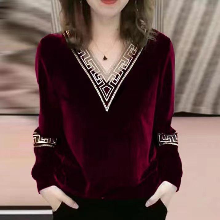 Long-Sleeve V-Neck Pattern Embroidered Lace Trim Velvet Blouse Product Image