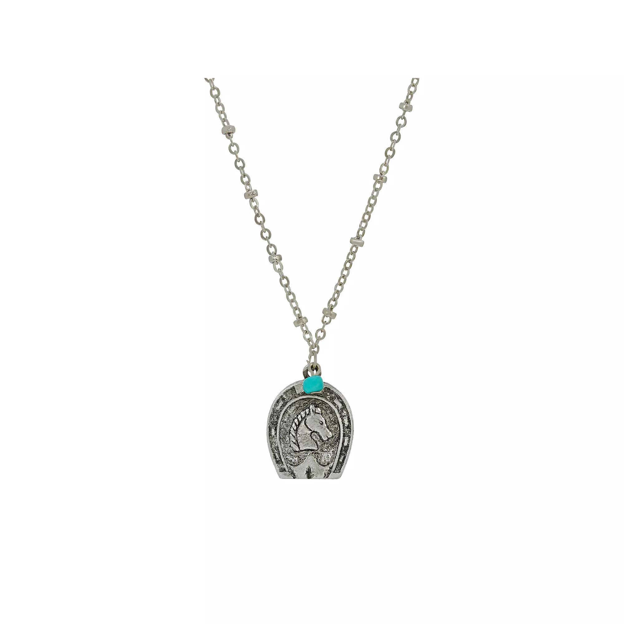1928 Silver Tone Turquoise Horseshoe Pendant Necklace, Womens Product Image