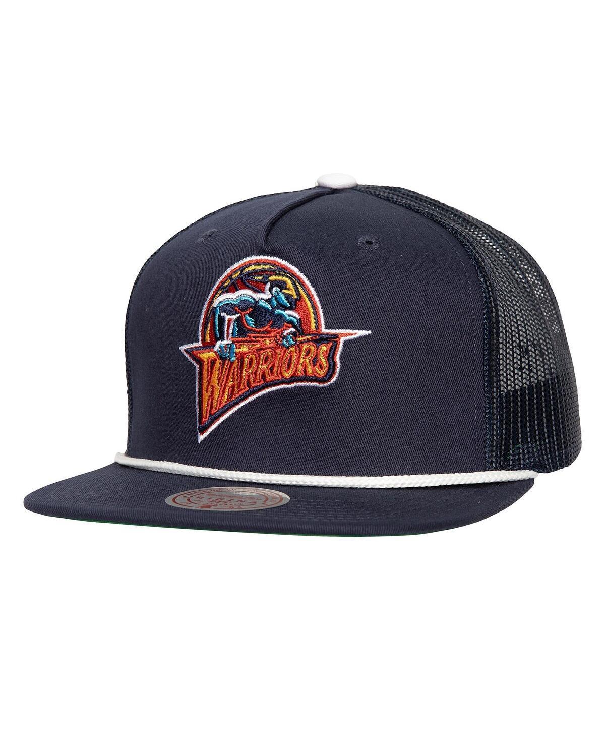 Men's Mitchell & Ness Navy Golden State Warriors Roper Meshback Trucker Snapback Hat, Blue Product Image