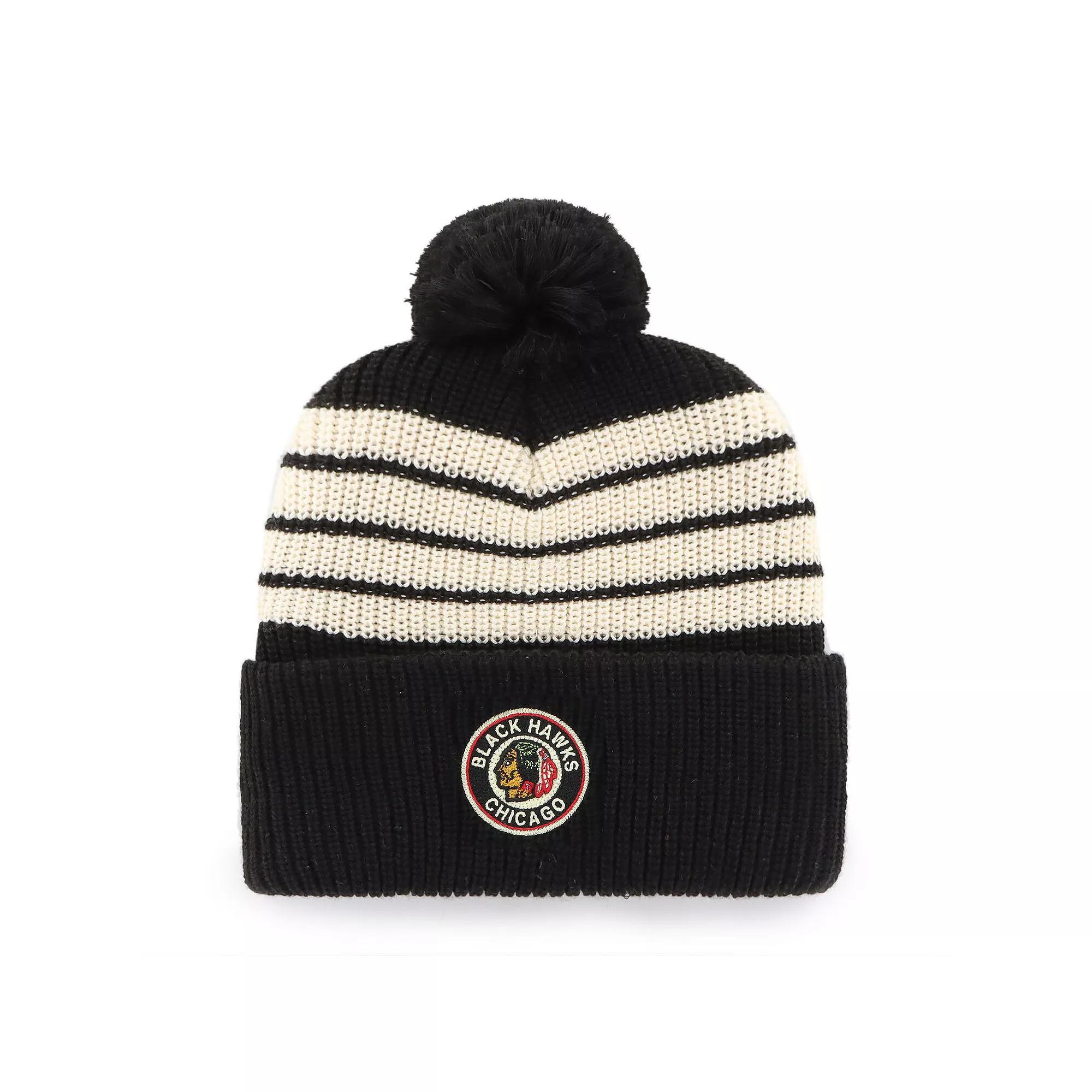 Men's '47  Black Chicago Blackhawks Old Time Hockey Barn Cuffed Knit Hat with Pom Product Image