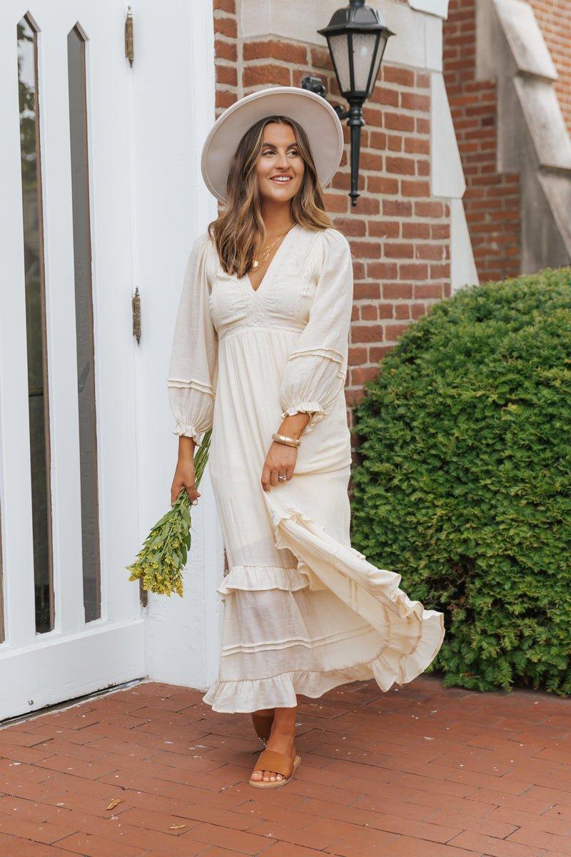 Natural Lace Embroidered Tiered Maxi Dress Product Image