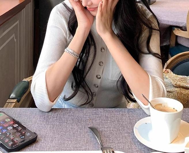 Elbow Sleeve Henley Plain Pocket Ribbed Knit Top Product Image
