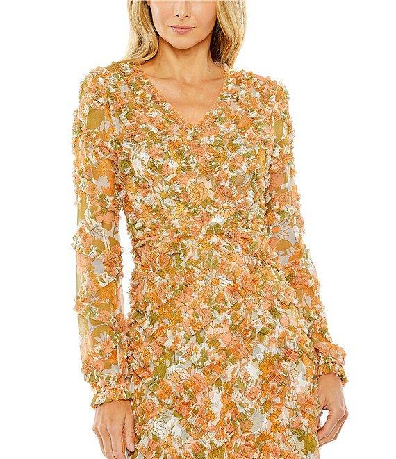 Mac Duggal V-Neck Long Sleeve Low Back Floral Printed Chiffon Ruffle A-line Midi Dress Product Image