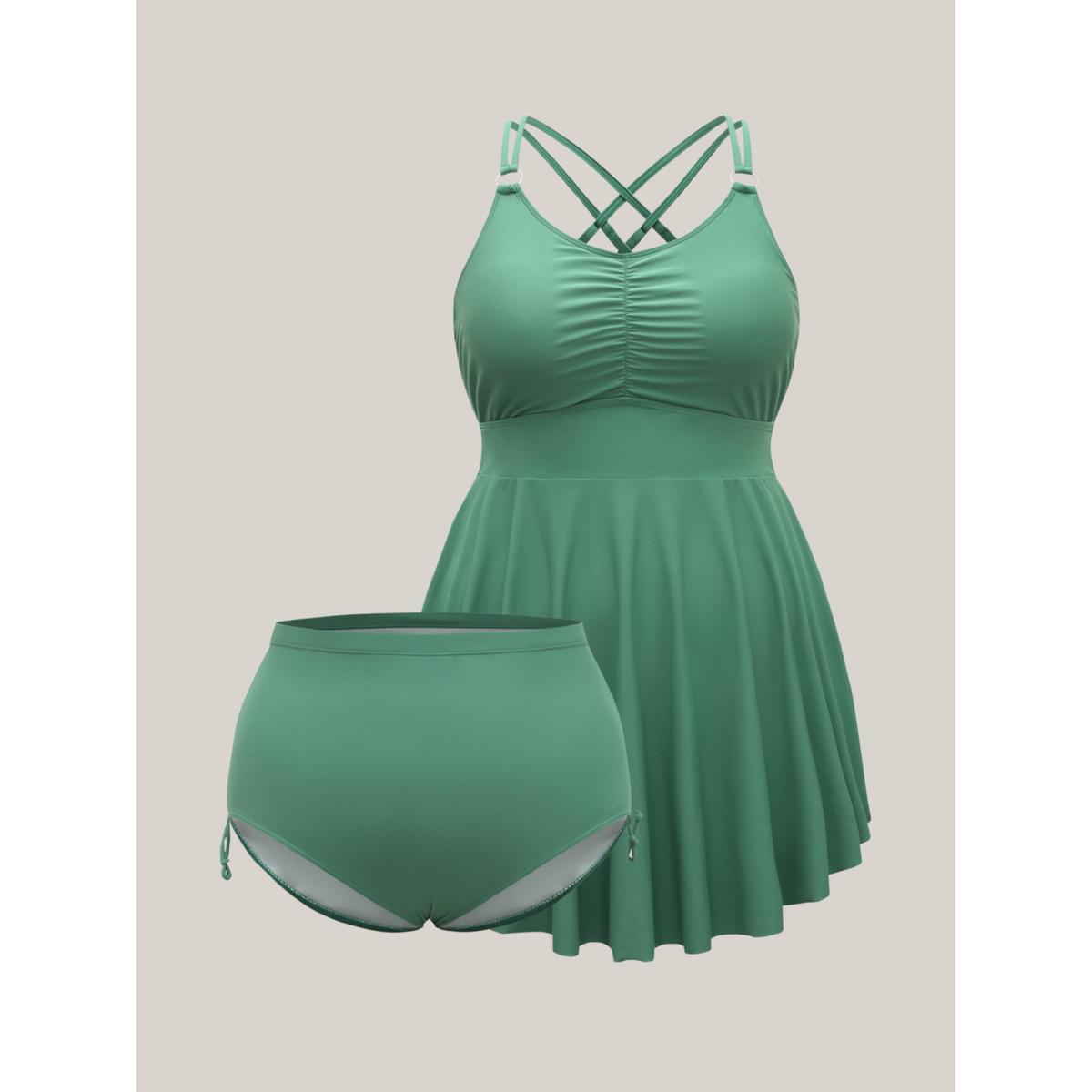 Plus Size Anti Float Tie Metal Detail Swim Dress Women's Swimwear Greenbean Beach Bodycon U-neck High stretch Curve Swim Dresses BloomChic 26/4X Product Image