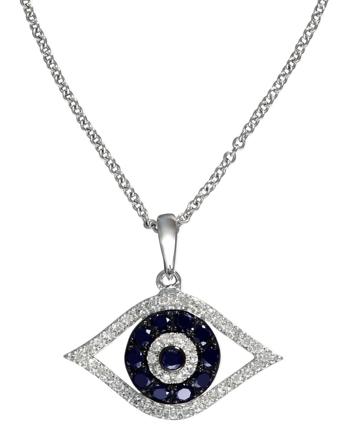 Diamond and Blue Sapphire Evil Eye Pendant Necklace in 14K White Gold, 18 Product Image