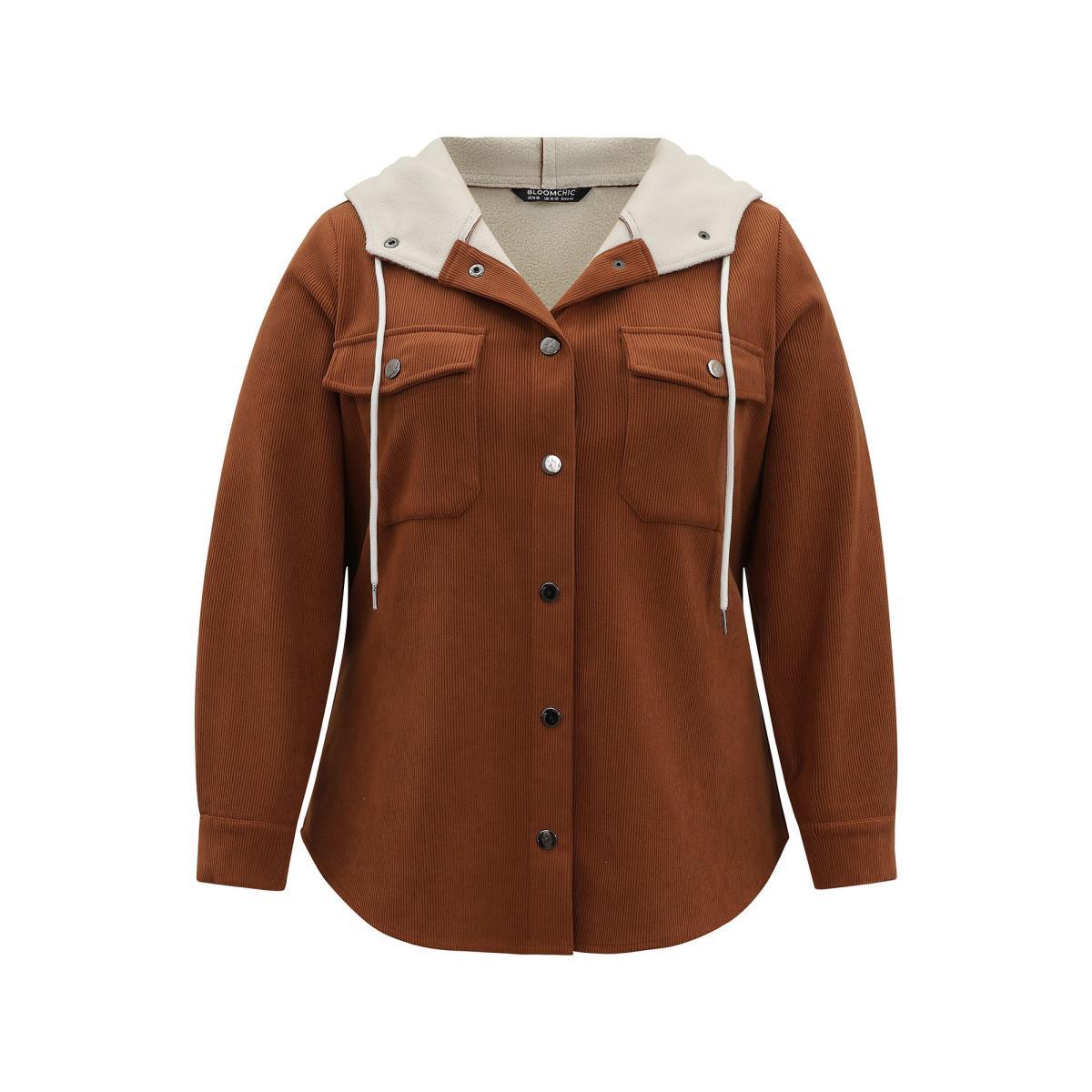 Plus Size Corduroy Fluffy Patchwork Hooded Jacket Women Bronze Contrast Pocket Dailywear Jackets BloomChic 18-20/2X Product Image