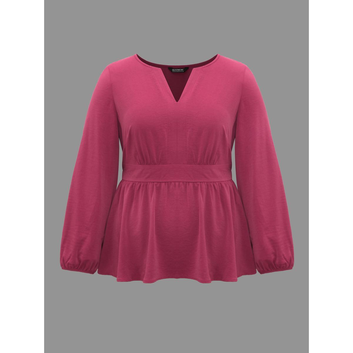 Plus Size RedViolet Notched Collar Gathered Lantern Sleeve Blouse Women Elegant Long Sleeve Notched collar Everyday Blouses BloomChic 30/6X Product Image