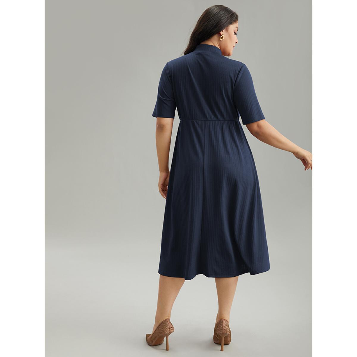 Plus Size Solid Rib Knit Mock Neck Pocket Dress Indigo Women Office Plain Mock Neck Short sleeve Curvy Midi Dress BloomChic 10/M Product Image