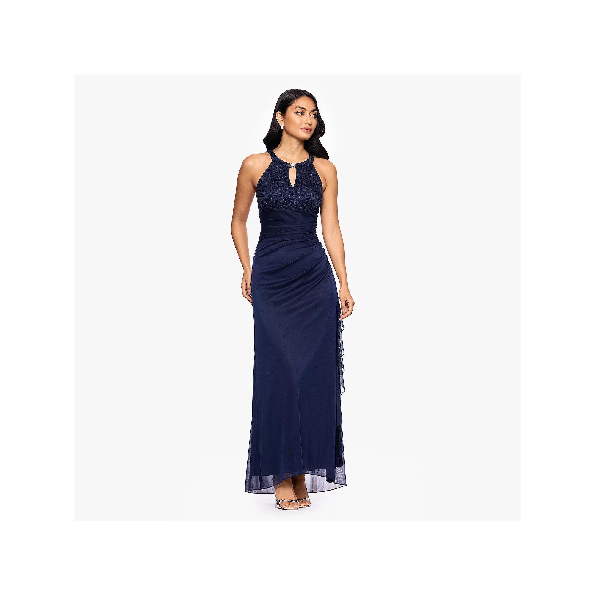 Women's BA Nites Long Sheer Matte Jersey With Lace Dress, Size: 14, Blue Product Image